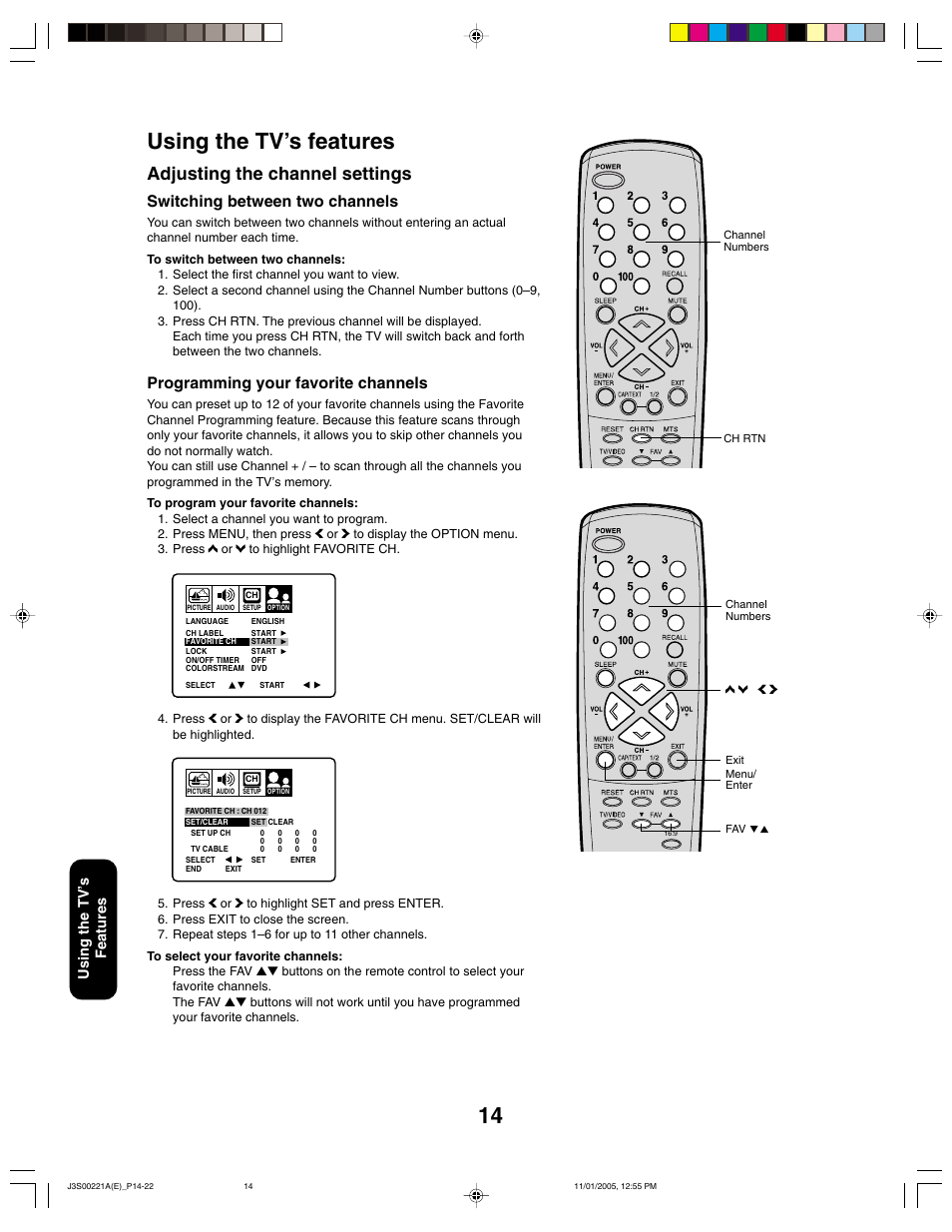 Using the tv’s features, Adjusting the channel settings, Switching between two channels | Programming your favorite channels, Using the tv ’s features | Toshiba 14AF45C User Manual | Page 14 / 28