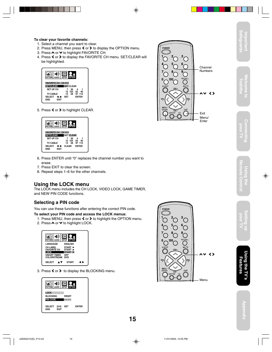 Using the lock menu, Selecting a pin code, Using the tv ’s features | Toshiba 14AF45C User Manual | Page 15 / 28