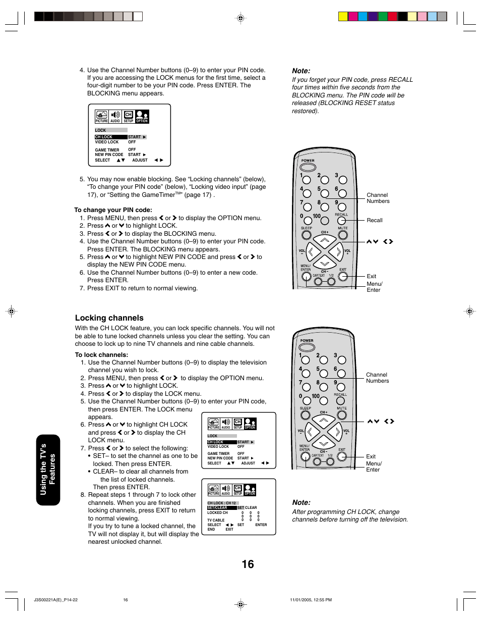 Locking channels, Using the tv ’s features | Toshiba 14AF45C User Manual | Page 16 / 28