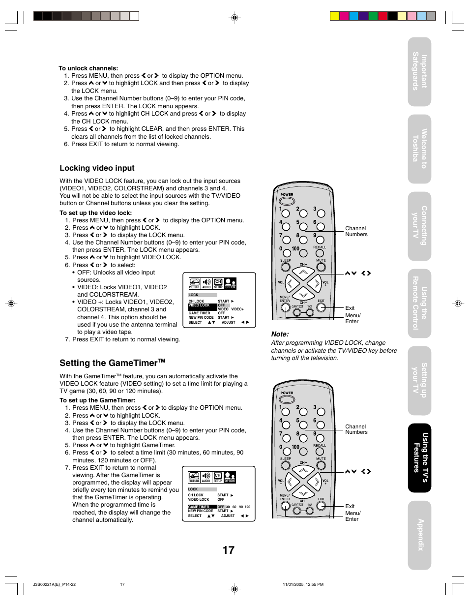 Setting the gametimer, Locking video input | Toshiba 14AF45C User Manual | Page 17 / 28