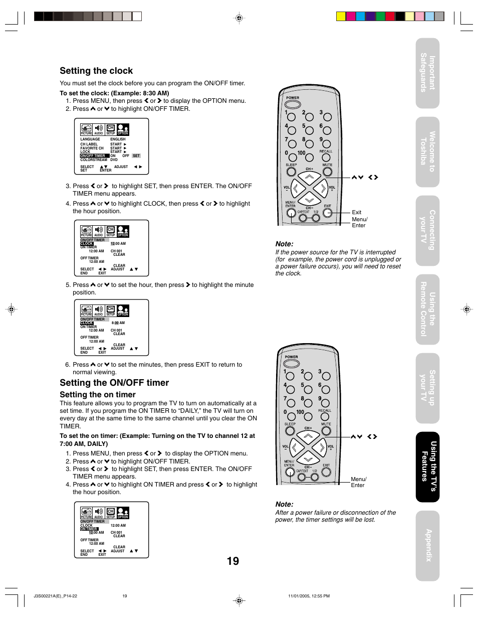 Setting the clock, Setting the on/off timer, Setting the on timer | Using the tv ’s features | Toshiba 14AF45C User Manual | Page 19 / 28