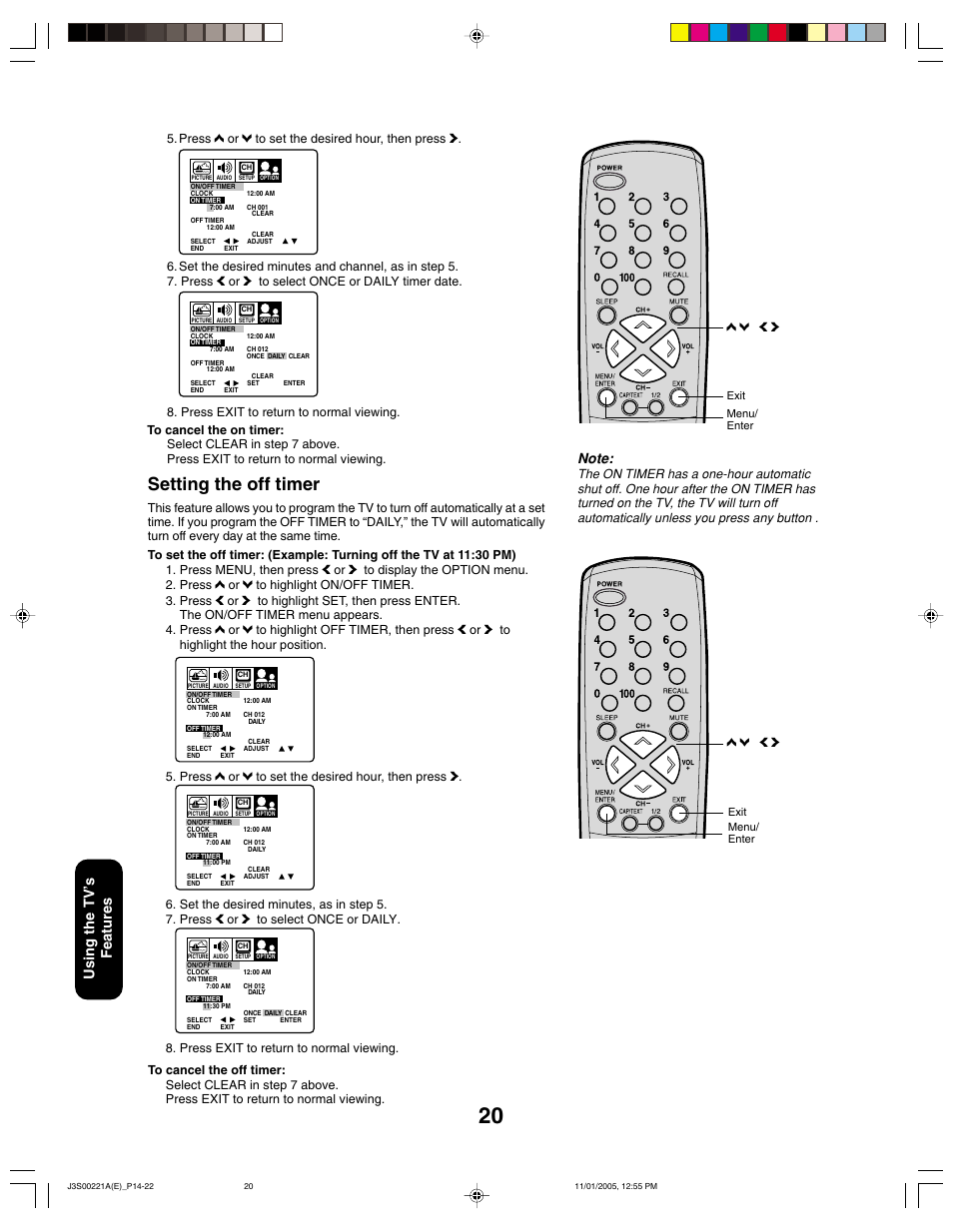 Setting the off timer, Using the tv ’s features, C d a b | Toshiba 14AF45C User Manual | Page 20 / 28