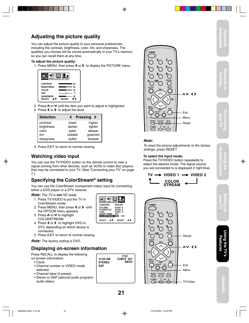 Adjusting the picture quality, Displaying on-screen information, Watching video input | Specifying the colorstream, Setting | Toshiba 14AF45C User Manual | Page 21 / 28