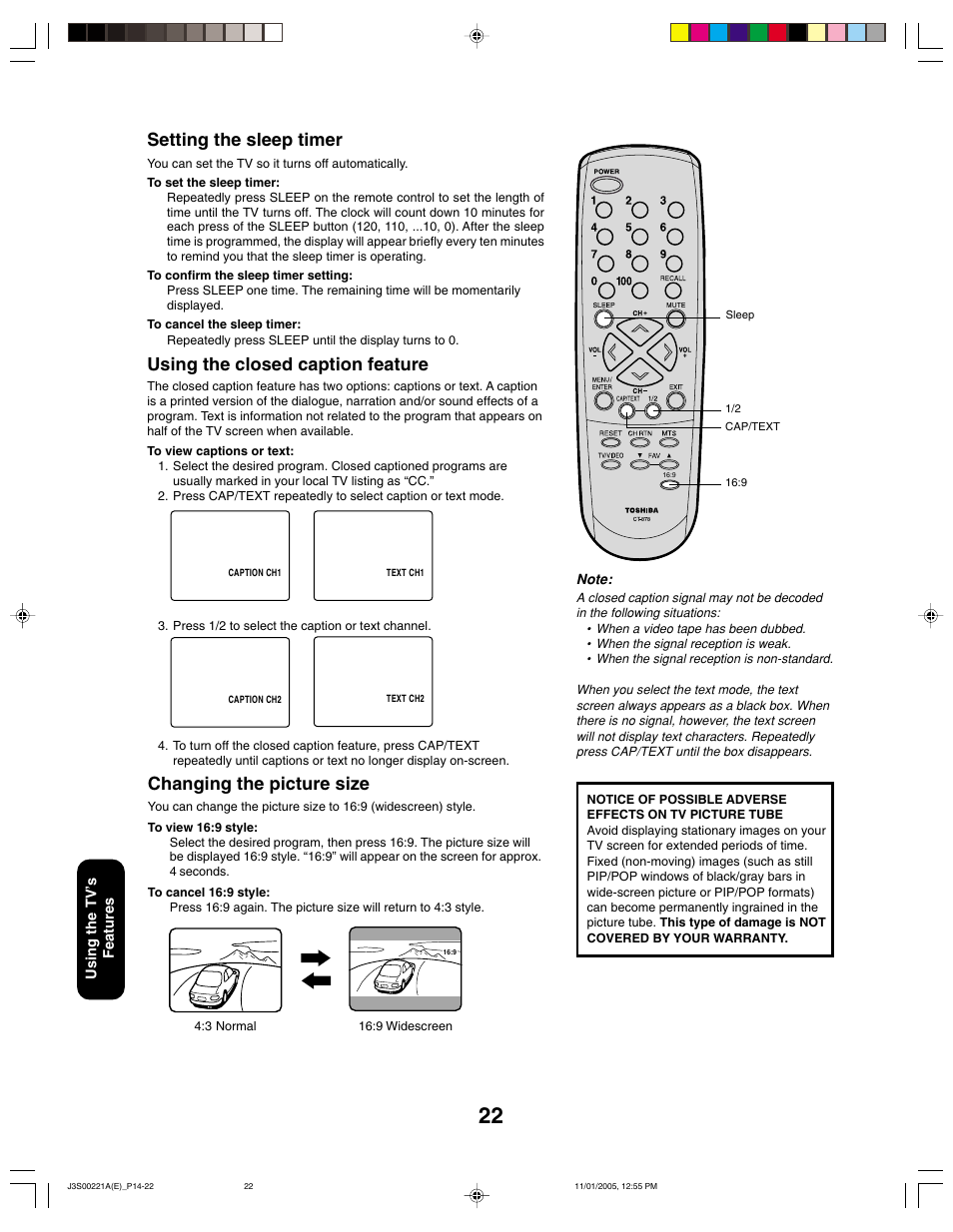 Setting the sleep timer, Using the closed caption feature, Changing the picture size | Toshiba 14AF45C User Manual | Page 22 / 28