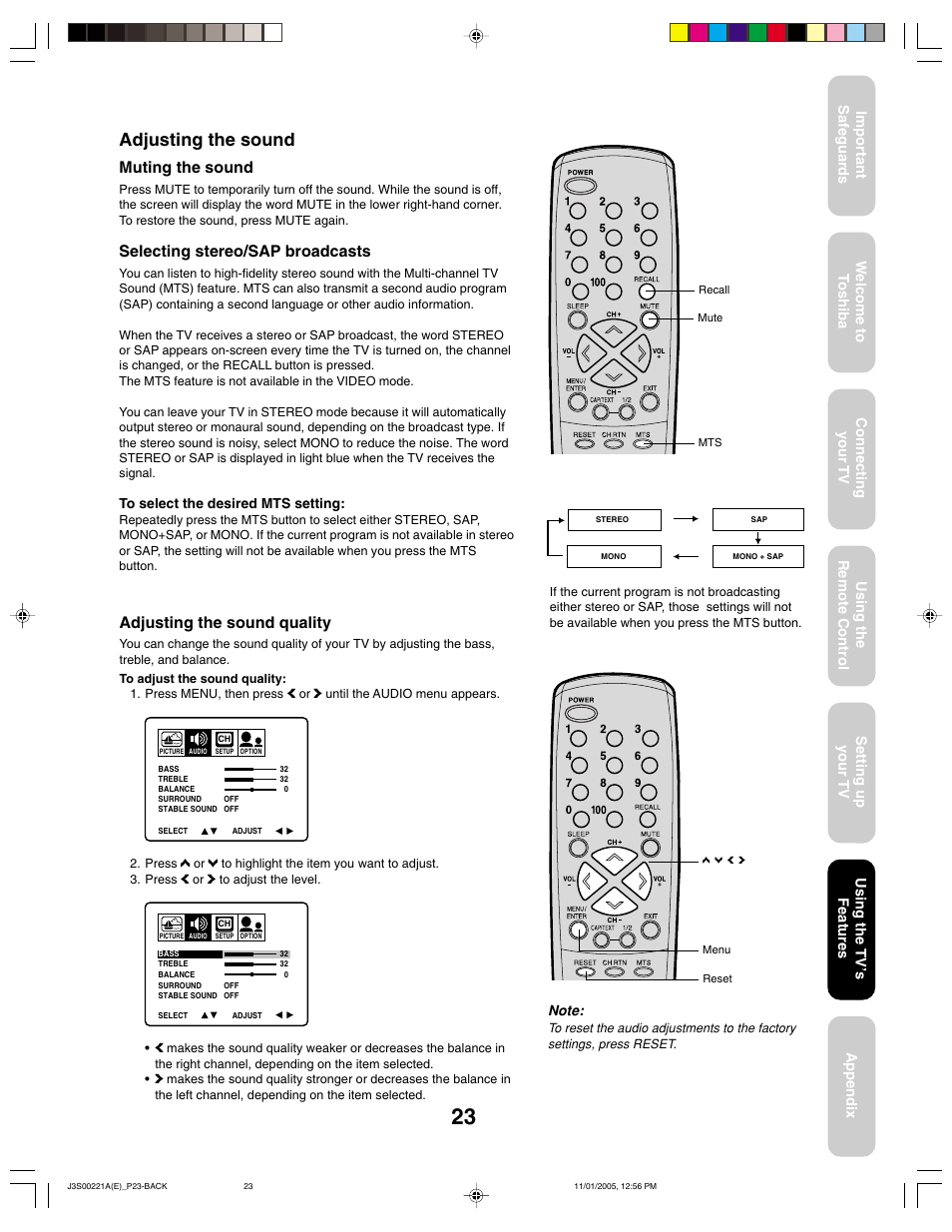 Adjusting the sound, Muting the sound, Selecting stereo/sap broadcasts | Adjusting the sound quality | Toshiba 14AF45C User Manual | Page 23 / 28