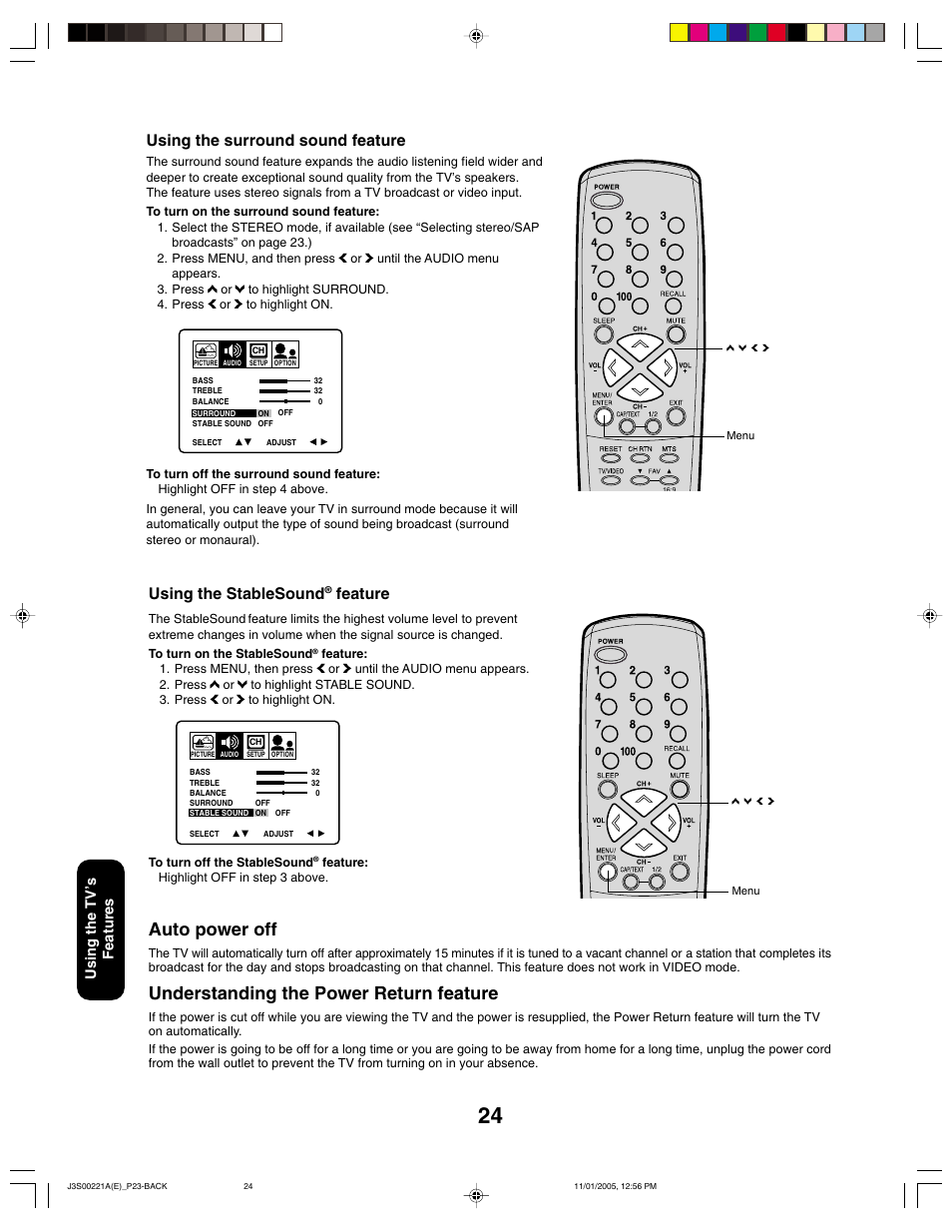 Auto power off, Understanding the power return feature, Using the stablesound | Feature, Using the surround sound feature, Using the tv ’s features | Toshiba 14AF45C User Manual | Page 24 / 28