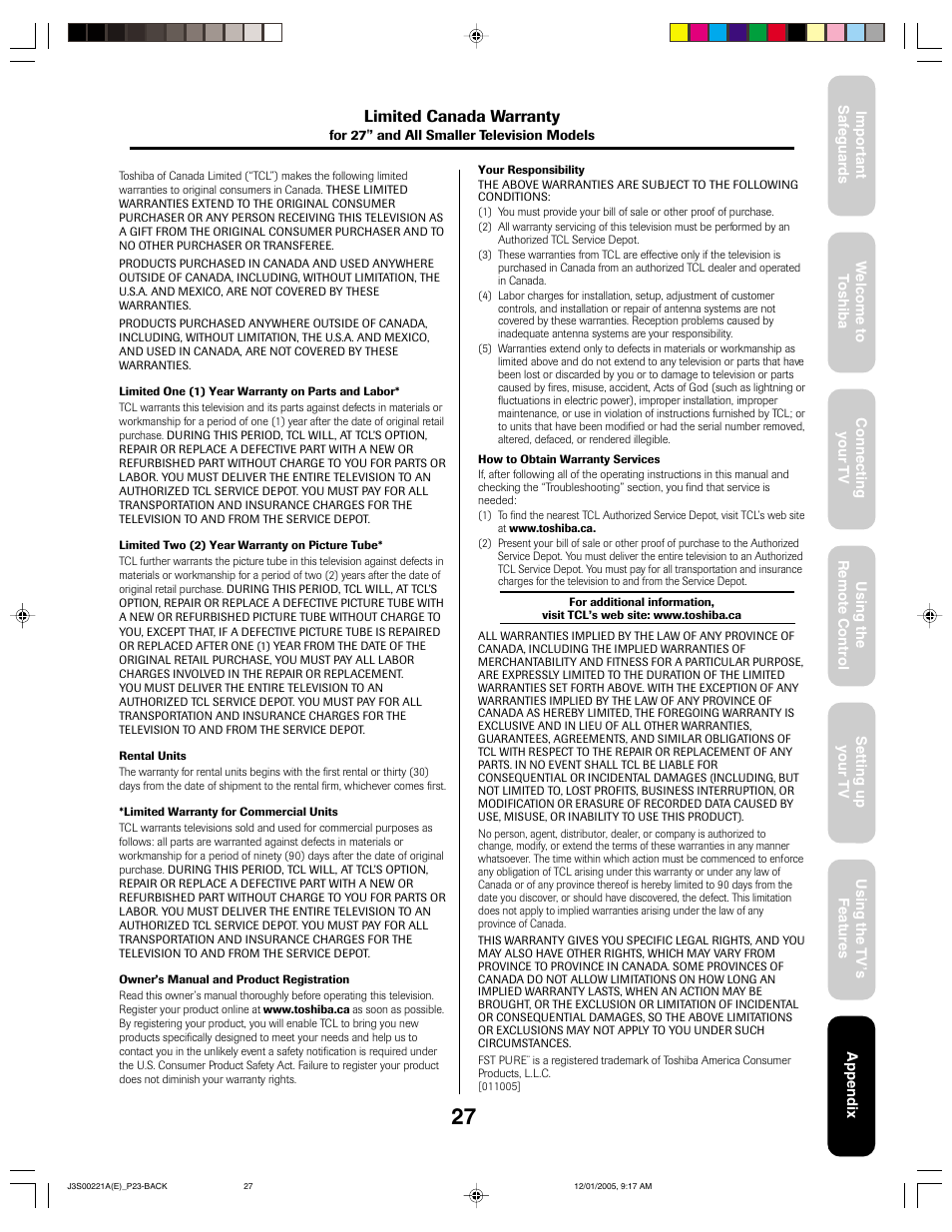 Limited canada warranty | Toshiba 14AF45C User Manual | Page 27 / 28