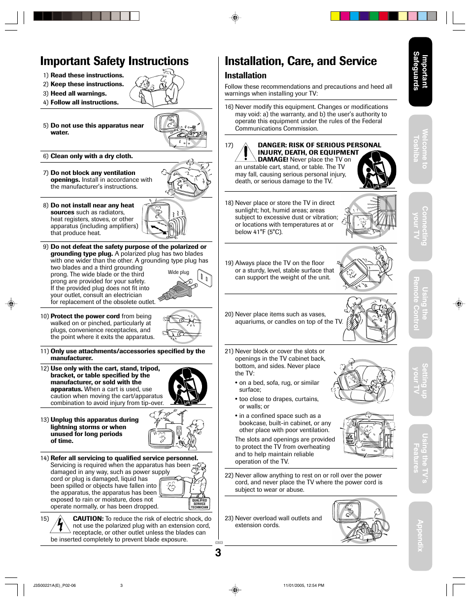 Important safety instructions, Installation, care, and service, Installation | Toshiba 14AF45C User Manual | Page 3 / 28