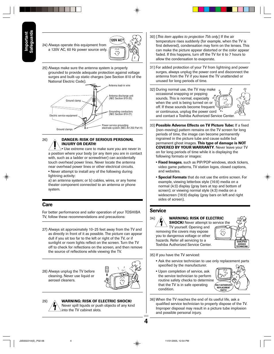 Care, Service | Toshiba 14AF45C User Manual | Page 4 / 28