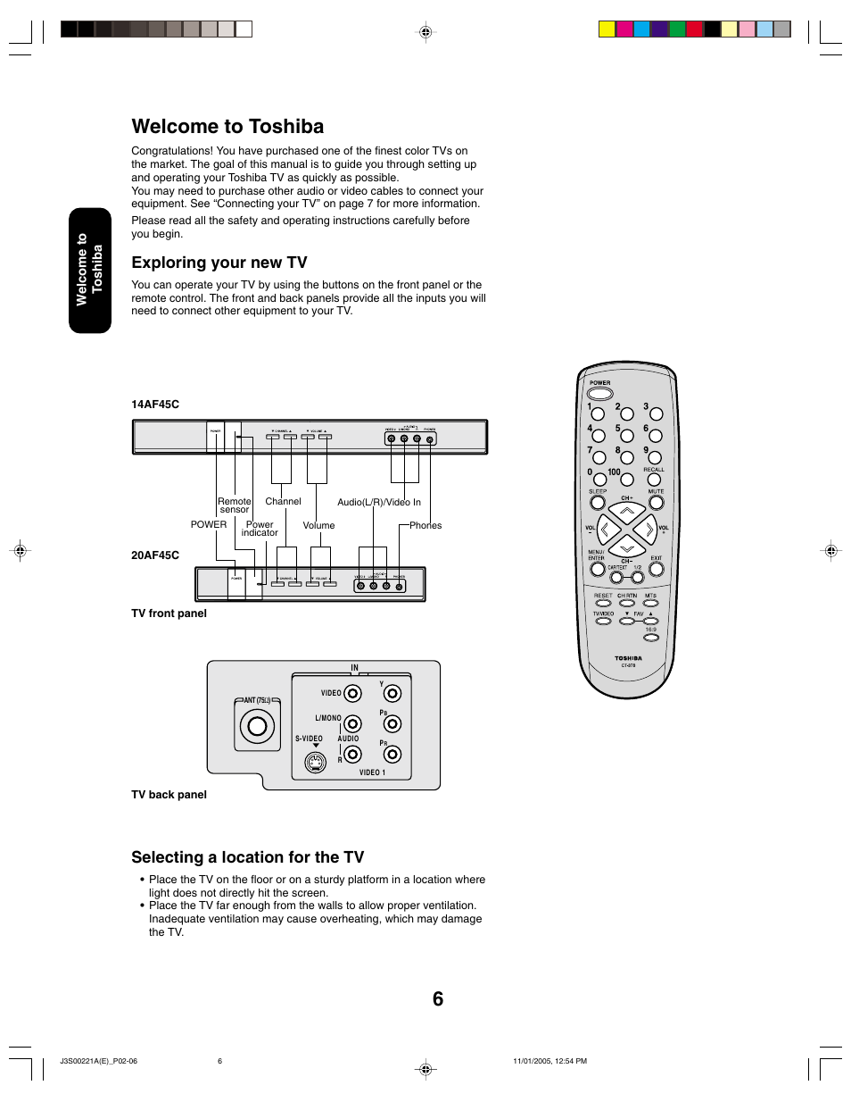 Welcome to toshiba, Selecting a location for the tv, Exploring your new tv | Toshiba 14AF45C User Manual | Page 6 / 28