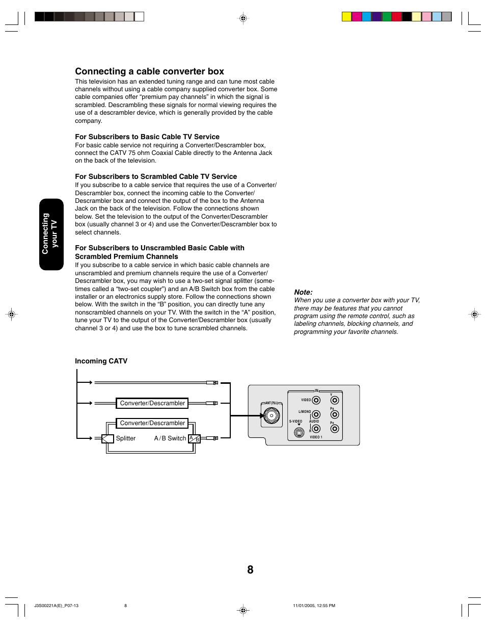 Connecting a cable converter box, Connecting your tv, For subscribers to basic cable tv service | For subscribers to scrambled cable tv service, Incoming catv | Toshiba 14AF45C User Manual | Page 8 / 28