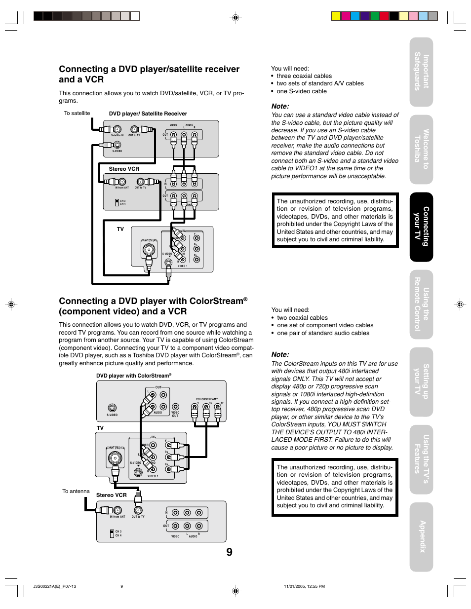 Connecting a dvd player with colorstream, Component video) and a vcr, Connecting your tv | Toshiba 14AF45C User Manual | Page 9 / 28