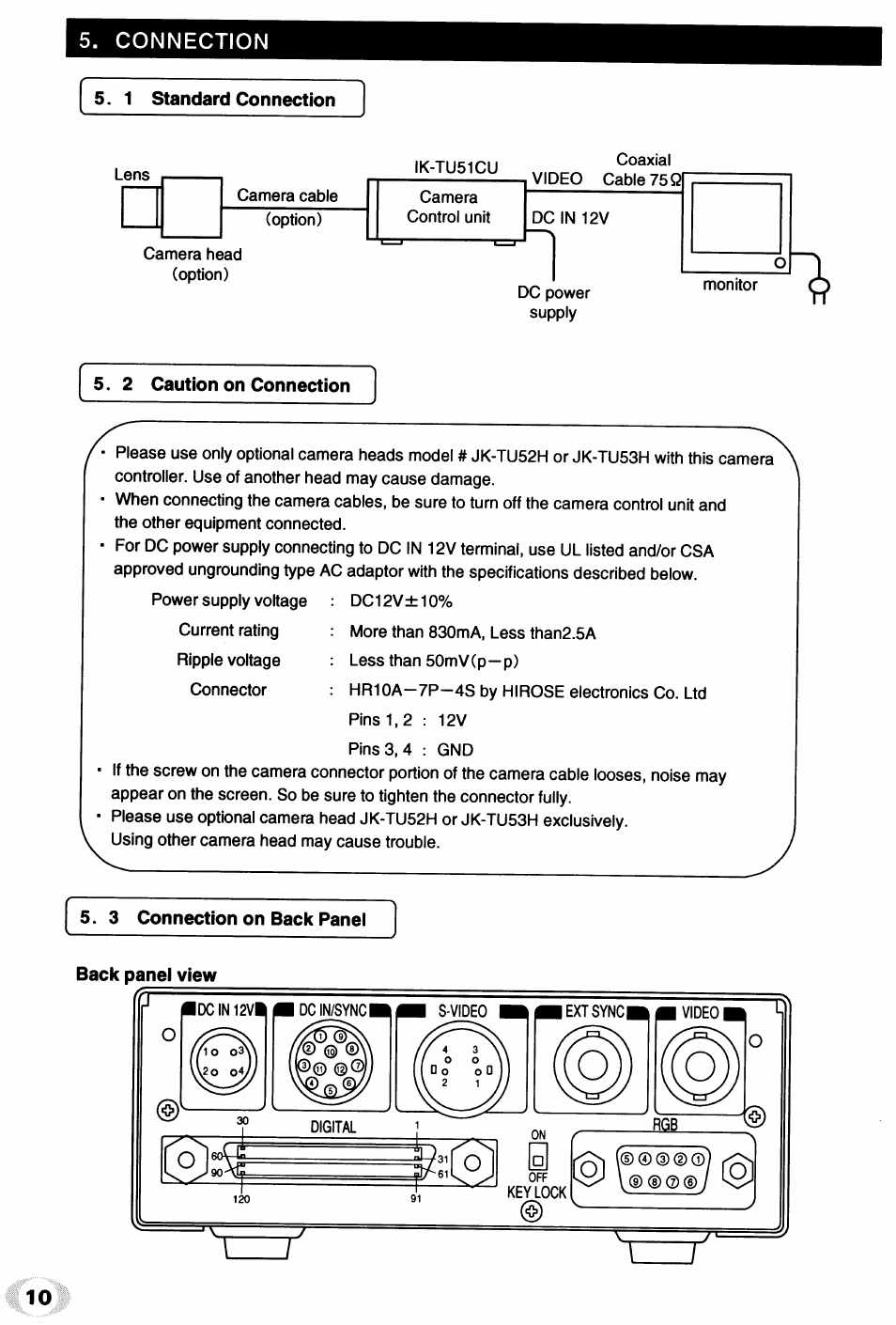 1 standard connection, 2 caution on connection, 3 connection on back panel | Back panel view | Toshiba IK - TU51CU User Manual | Page 10 / 53