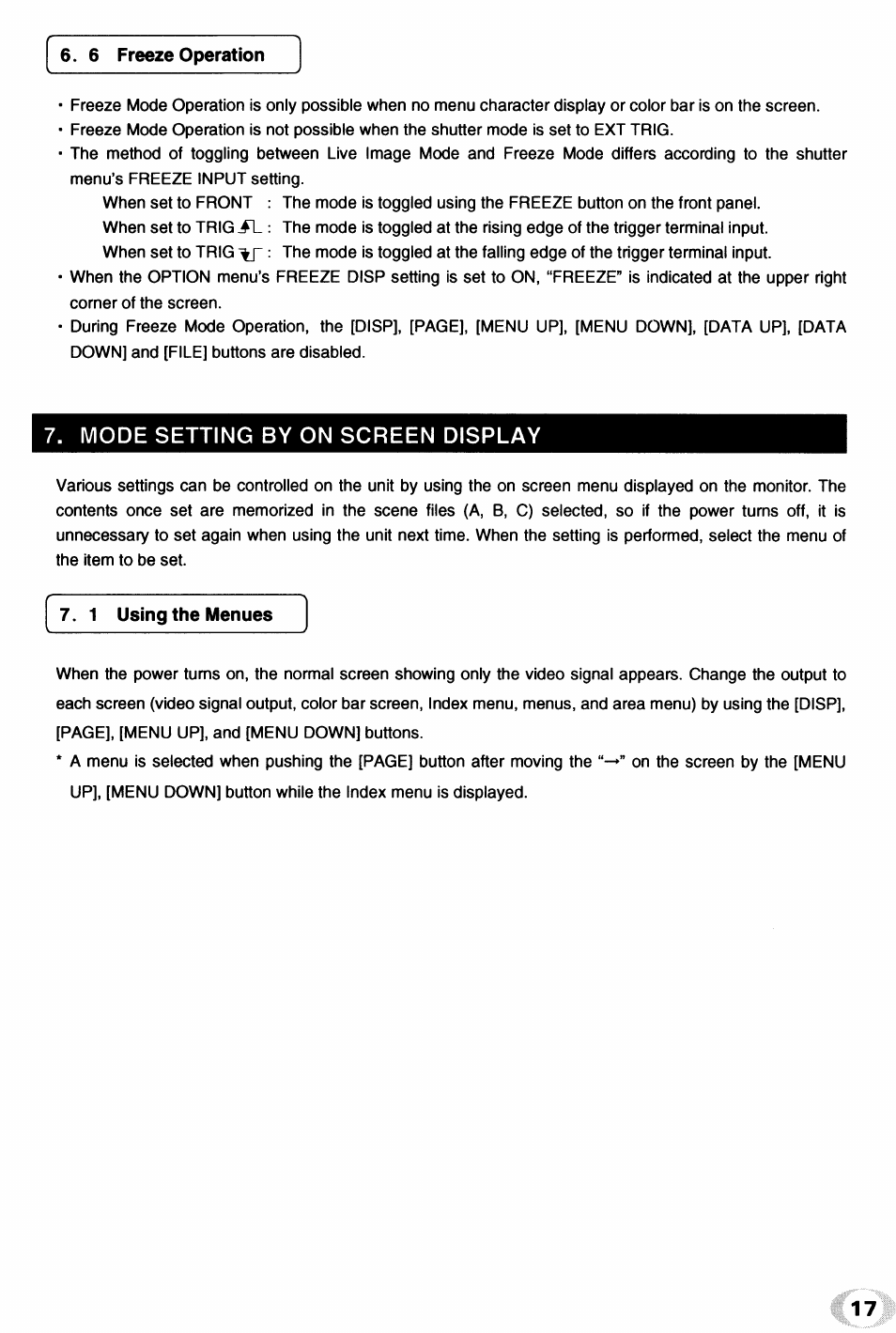 Mode setting by on screen display, 1 using the menues, 1 using the menus | Toshiba IK - TU51CU User Manual | Page 17 / 53