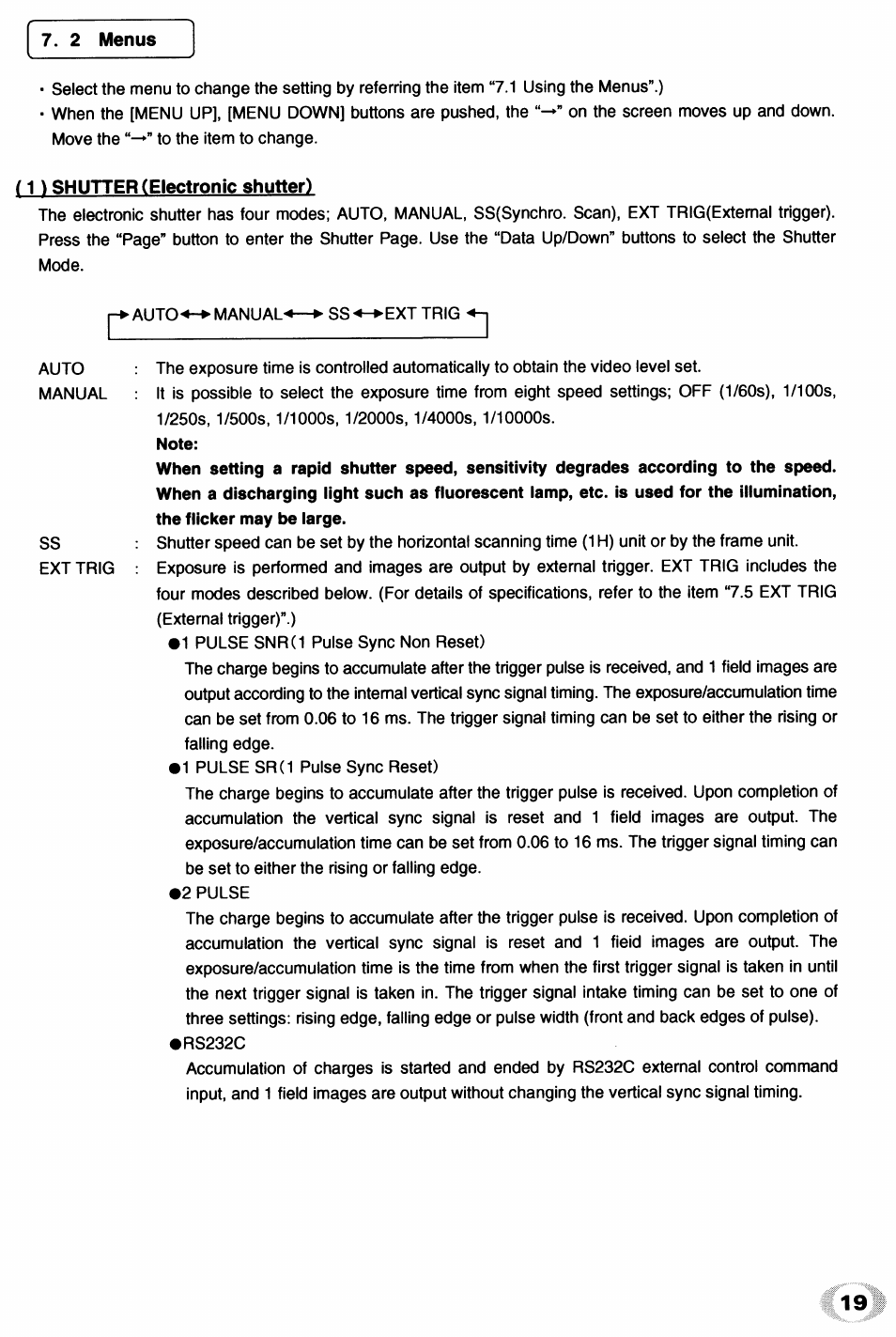 2 menus, 1) shutter (electronic shutter) | Toshiba IK - TU51CU User Manual | Page 19 / 53