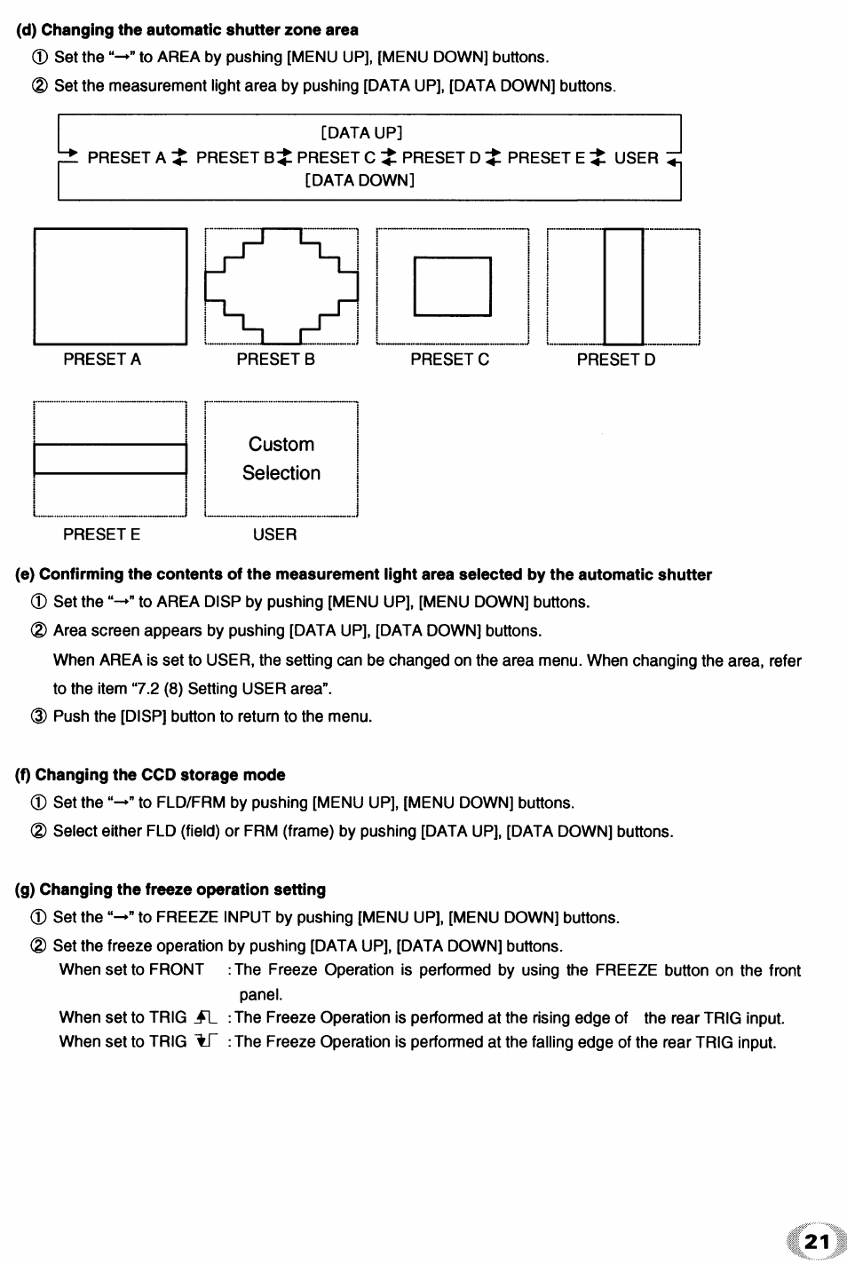 D) changing the automatic shutter zone area, F) changing the ccd storage mode, G) changing the freeze operation setting | Toshiba IK - TU51CU User Manual | Page 21 / 53