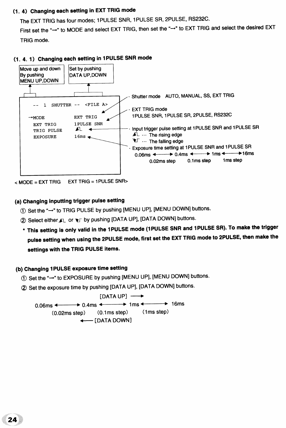 4) changing each setting in ext trig mode, A) changing inputting trigger pulse setting, B) changing 1 pulse exposure time setting | 06ms ► 0.4ms “4 ► ims-4 ► 16ms, 1) changing each setting in auto mode | Toshiba IK - TU51CU User Manual | Page 24 / 53