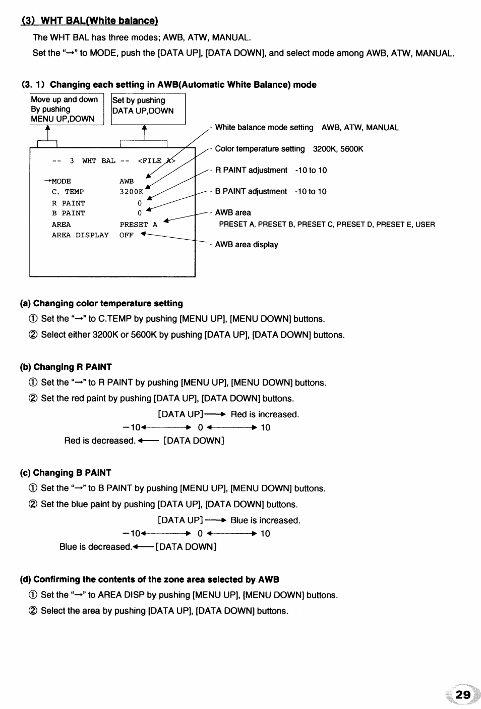 3) wht balfwhite balanced, A) changing color temperature setting, B) changing r paint | C) changing b paint, 3) wht bal (white balance) | Toshiba IK - TU51CU User Manual | Page 29 / 53