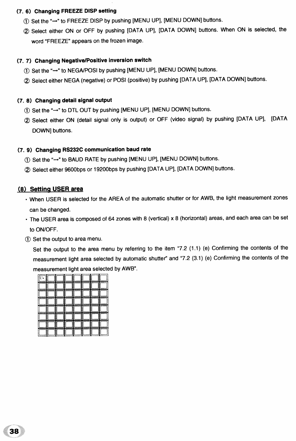 6) changing freeze disp setting, 7) changing negative/positive inversion switch, 8) changing detail signal output | 9) changing rs232c communication baud rate, 8) setting user area, 9) chaging rs232c communication baud rate setting | Toshiba IK - TU51CU User Manual | Page 38 / 53