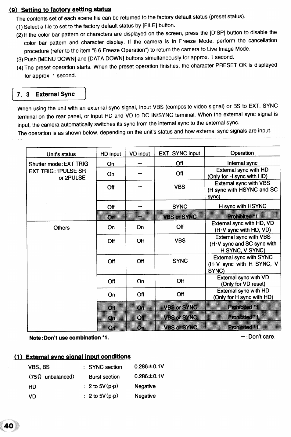 9) setting to factory setting status, 3 external sync, 1) external svnc signal input conditions | Toshiba IK - TU51CU User Manual | Page 40 / 53