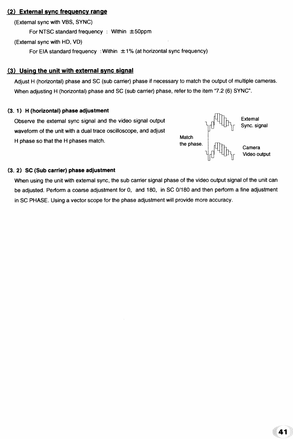 2) external svnc frequency range, 3) using the unit with external svnc signal, 1) h (horizontal) phase adjustment | 2) sc (sub carrier) phase adjustment | Toshiba IK - TU51CU User Manual | Page 41 / 53