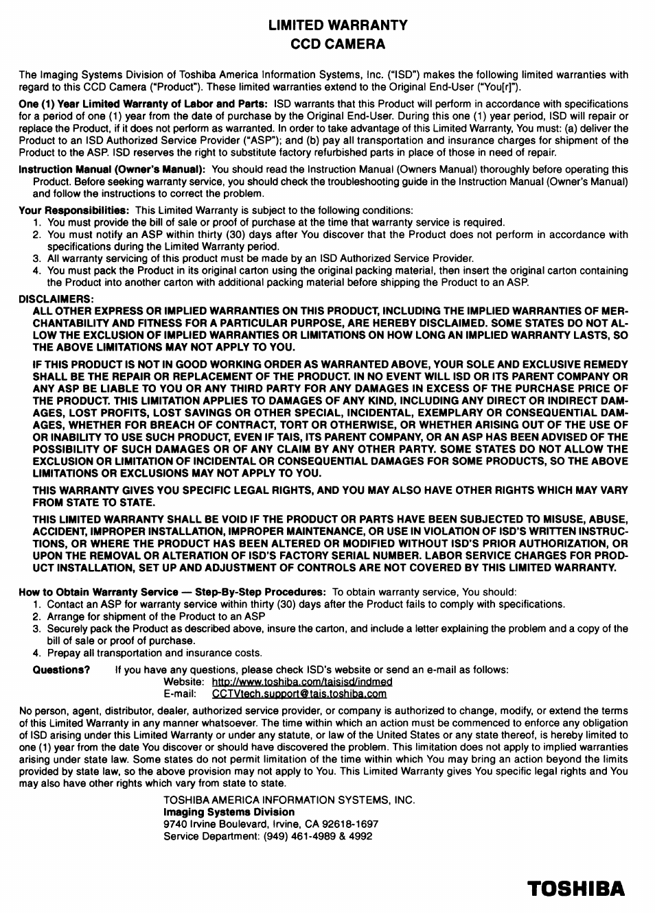 Limited warranty ccd camera, Toshiba | Toshiba IK - TU51CU User Manual | Page 53 / 53