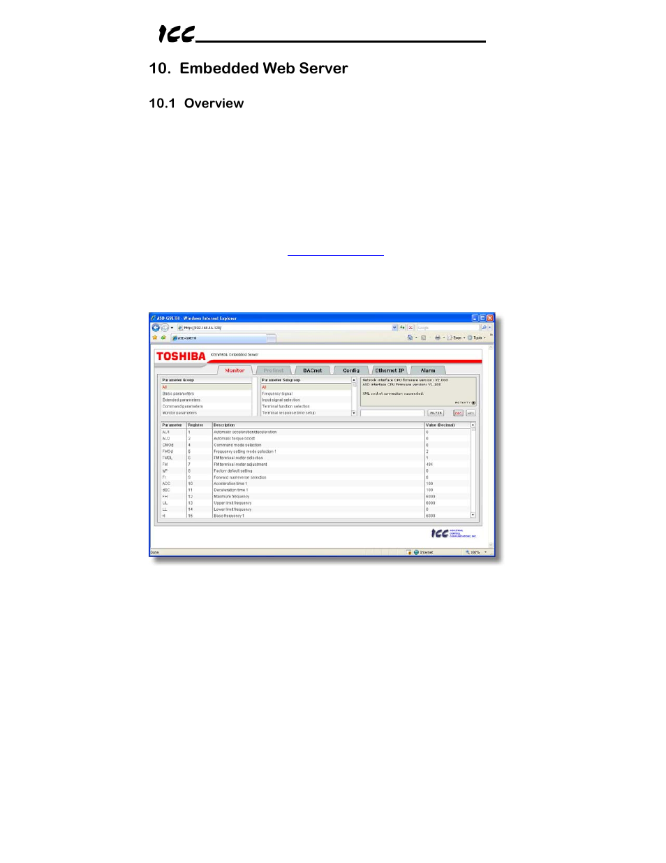 Embedded web server | Toshiba ICC Multiprotocol Ethernet Interface ASD-G9ETH User Manual | Page 25 / 100
