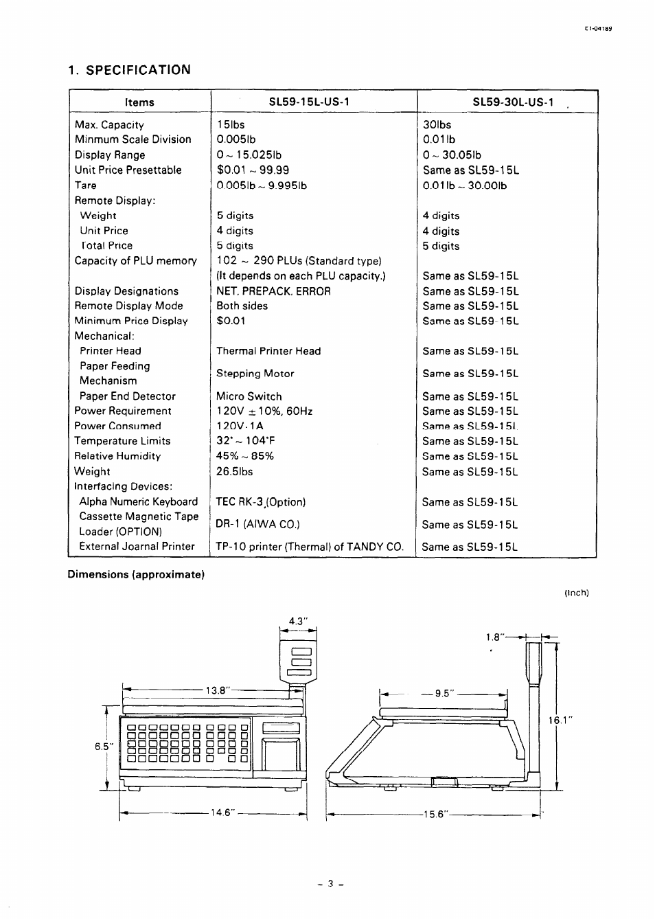 Specification | Toshiba TEC SL59 SERIES User Manual | Page 4 / 51