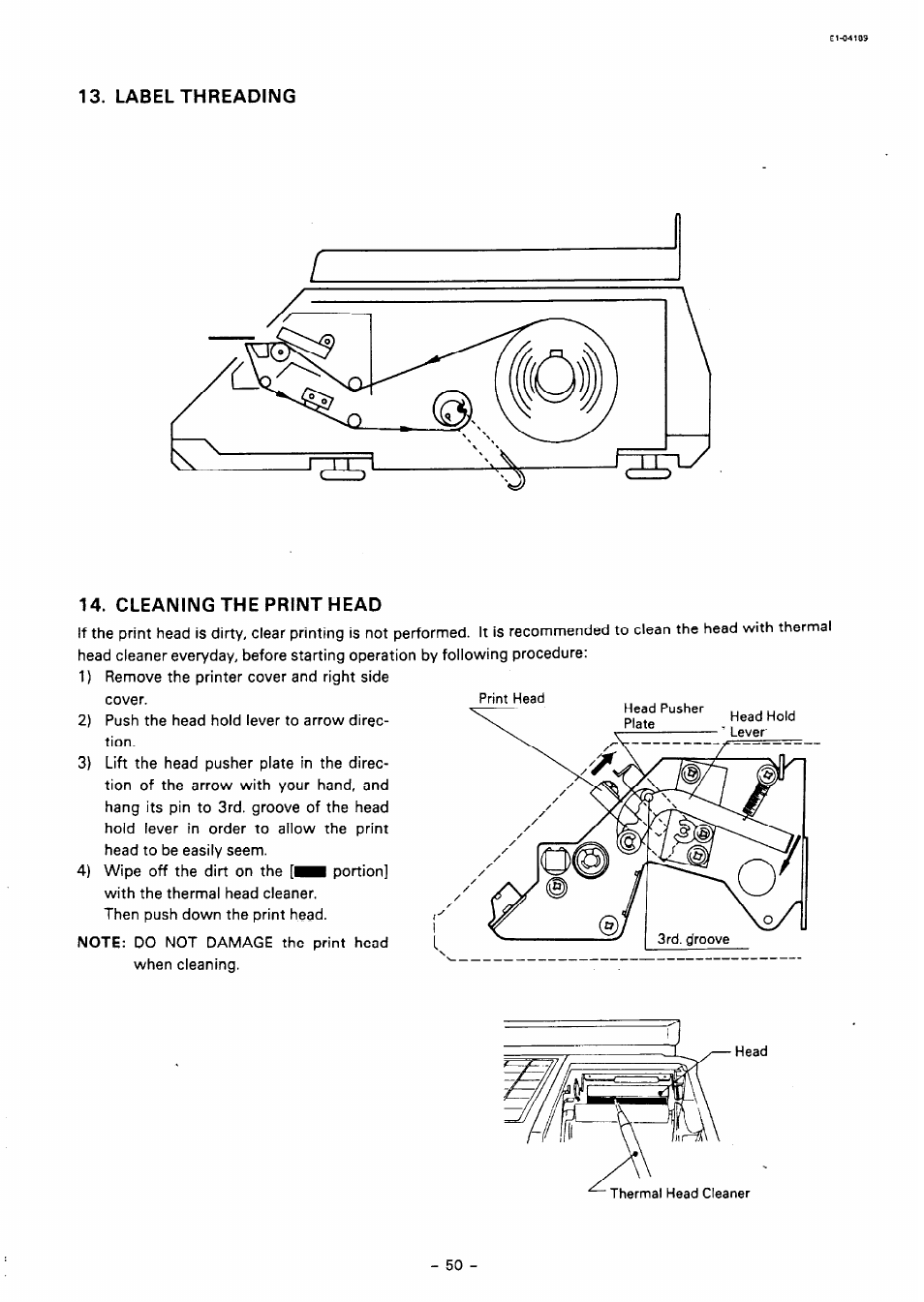 Label threading 14. cleaning the print head | Toshiba TEC SL59 SERIES User Manual | Page 49 / 51