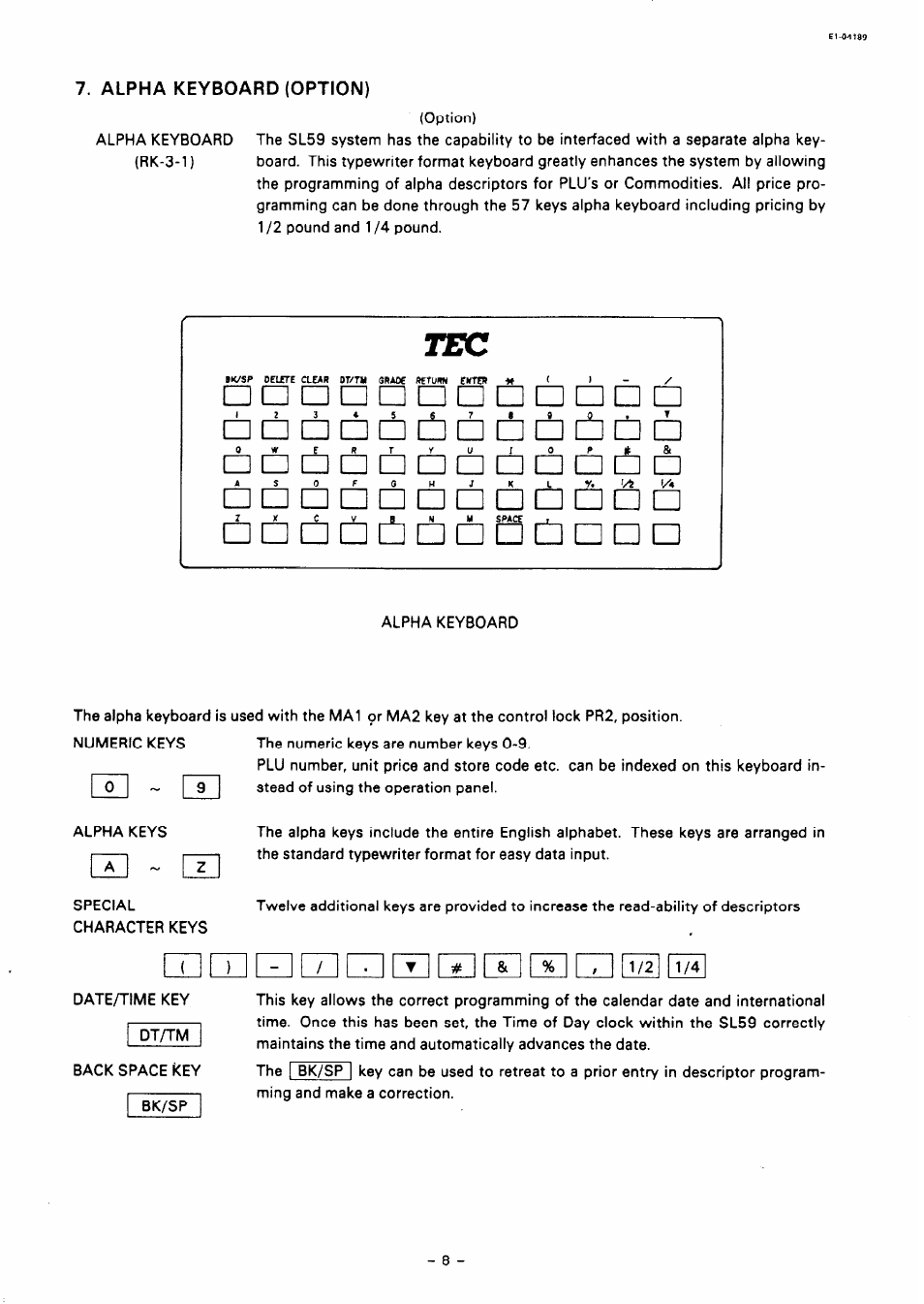 Linniziciinn, Cijizinndnnn, Czldii[zi[z | Alpha keyboard (option), T# & 1 | Toshiba TEC SL59 SERIES User Manual | Page 9 / 51