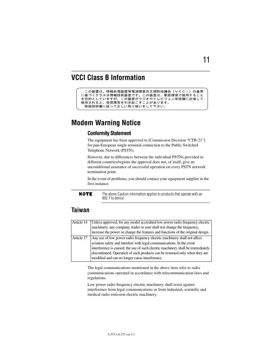 Vcci class b information modem warning notice, Taiwan | Toshiba M105 User Manual | Page 11 / 60