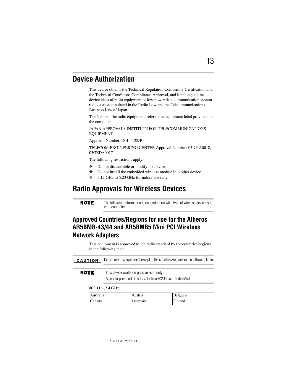 Device authorization, Radio approvals for wireless devices | Toshiba M105 User Manual | Page 13 / 60
