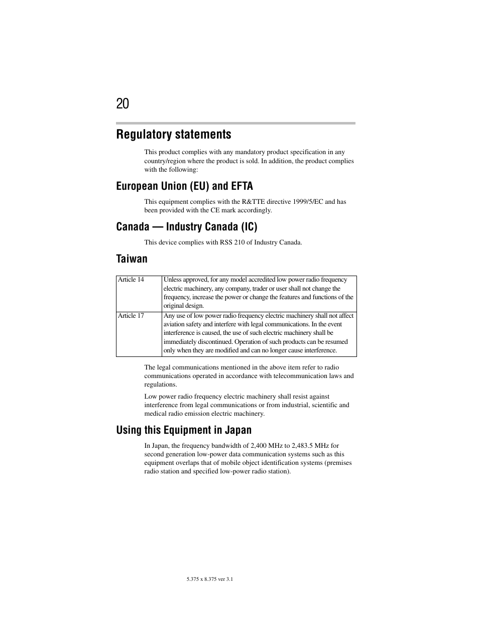 Regulatory statements, European union (eu) and efta, Canada — industry canada (ic) | Taiwan, Using this equipment in japan | Toshiba M105 User Manual | Page 20 / 60