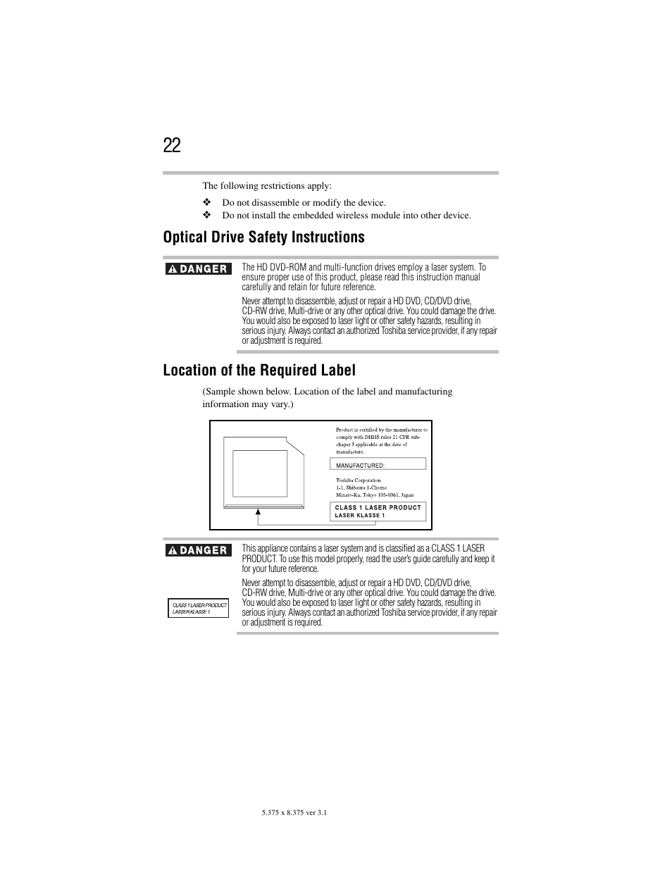 Optical drive safety instructions, Location of the required label | Toshiba M105 User Manual | Page 22 / 60