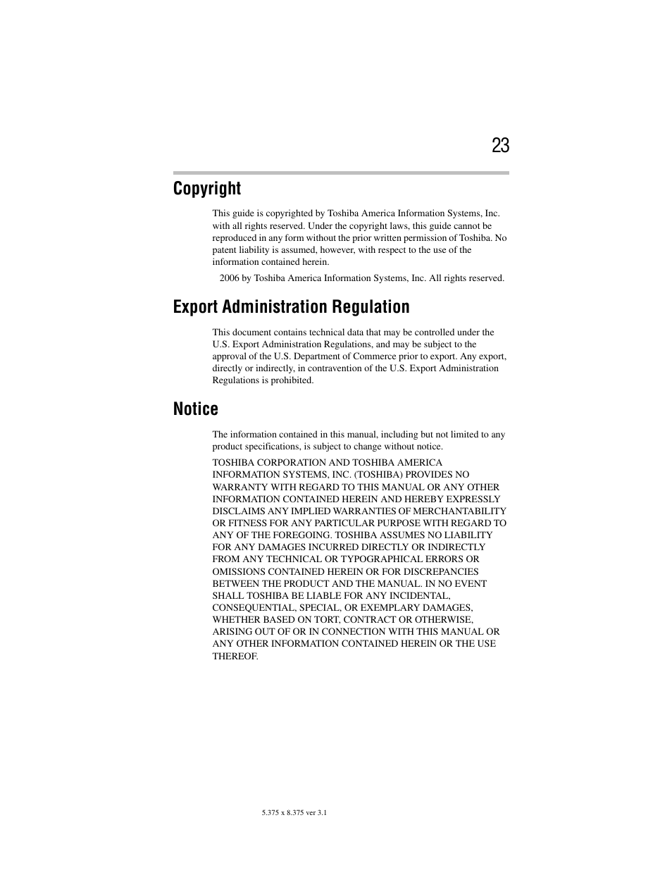 Copyright, Export administration regulation, Notice | Toshiba M105 User Manual | Page 23 / 60