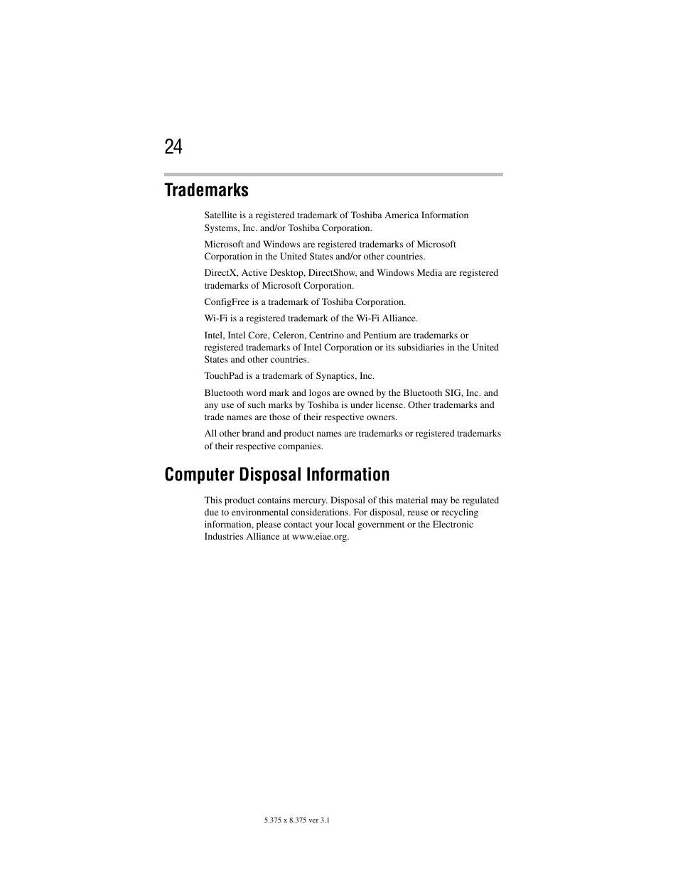 Trademarks, Computer disposal information | Toshiba M105 User Manual | Page 24 / 60