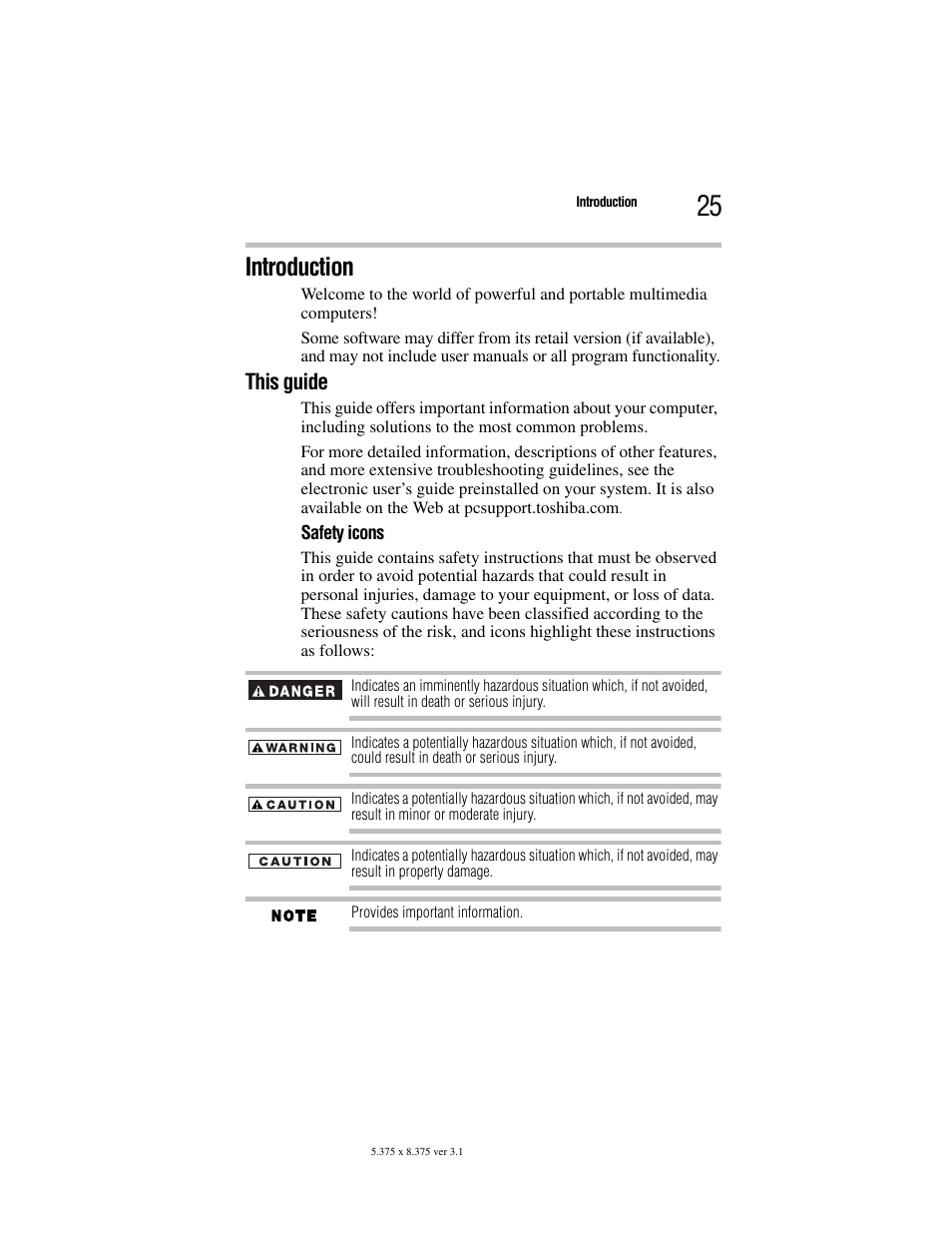 Introduction, This guide, Safety icons | Toshiba M105 User Manual | Page 25 / 60