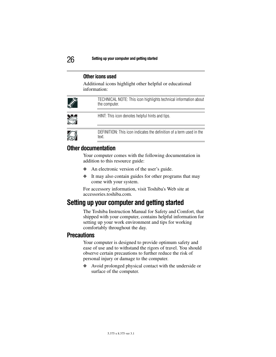 Other icons used, Other documentation, Setting up your computer and getting started | Precautions | Toshiba M105 User Manual | Page 26 / 60