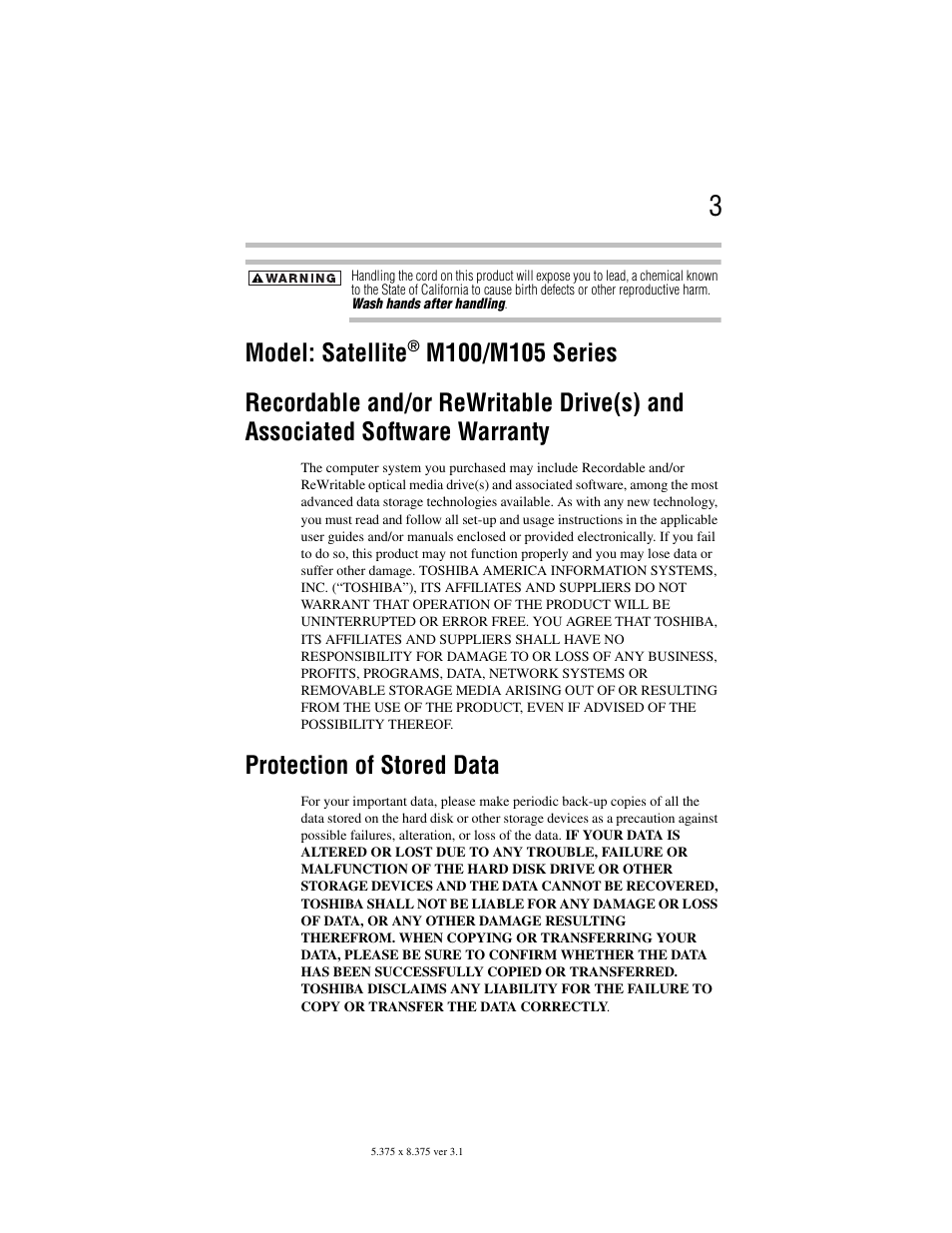 Model: satellite, Protection of stored data | Toshiba M105 User Manual | Page 3 / 60