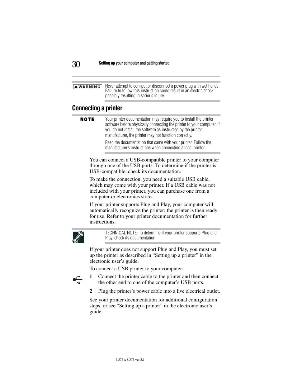 Connecting a printer | Toshiba M105 User Manual | Page 30 / 60