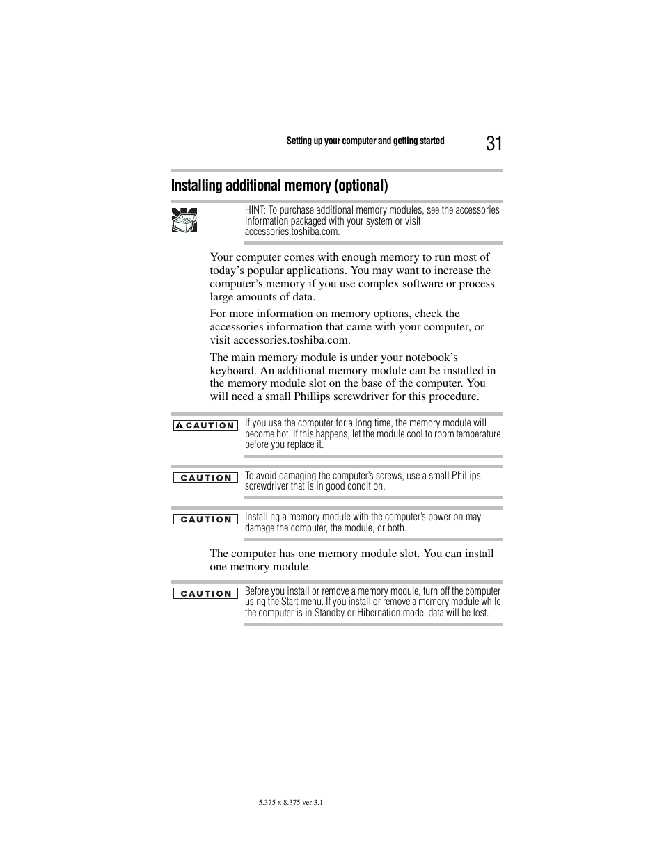 Installing additional memory (optional) | Toshiba M105 User Manual | Page 31 / 60