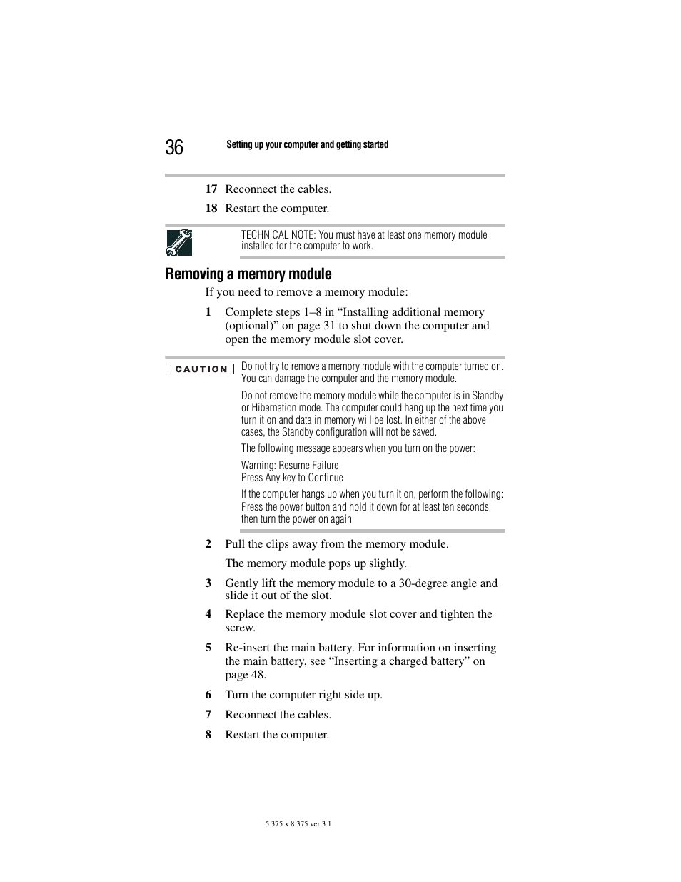 Removing a memory module | Toshiba M105 User Manual | Page 36 / 60