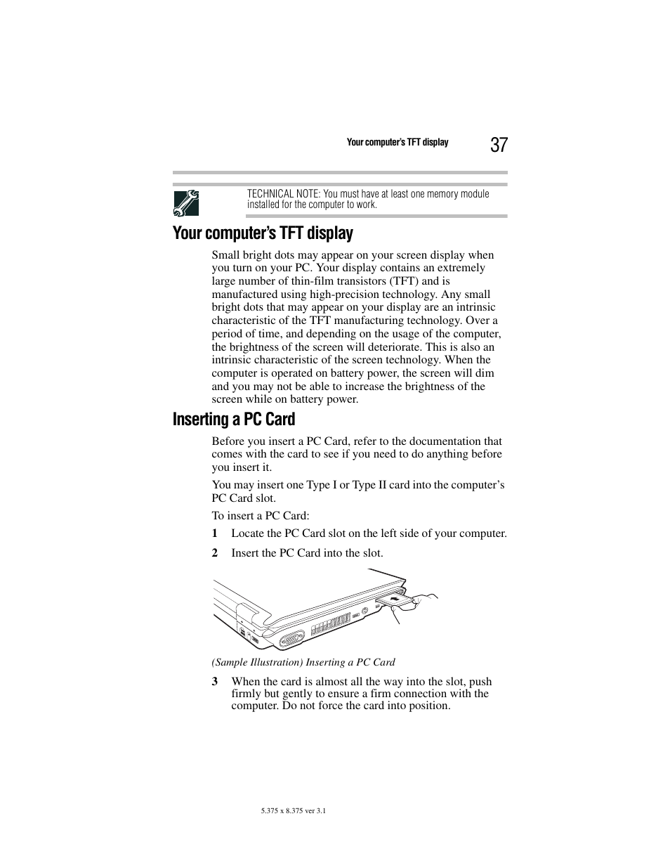 Your computer’s tft display, Inserting a pc card | Toshiba M105 User Manual | Page 37 / 60