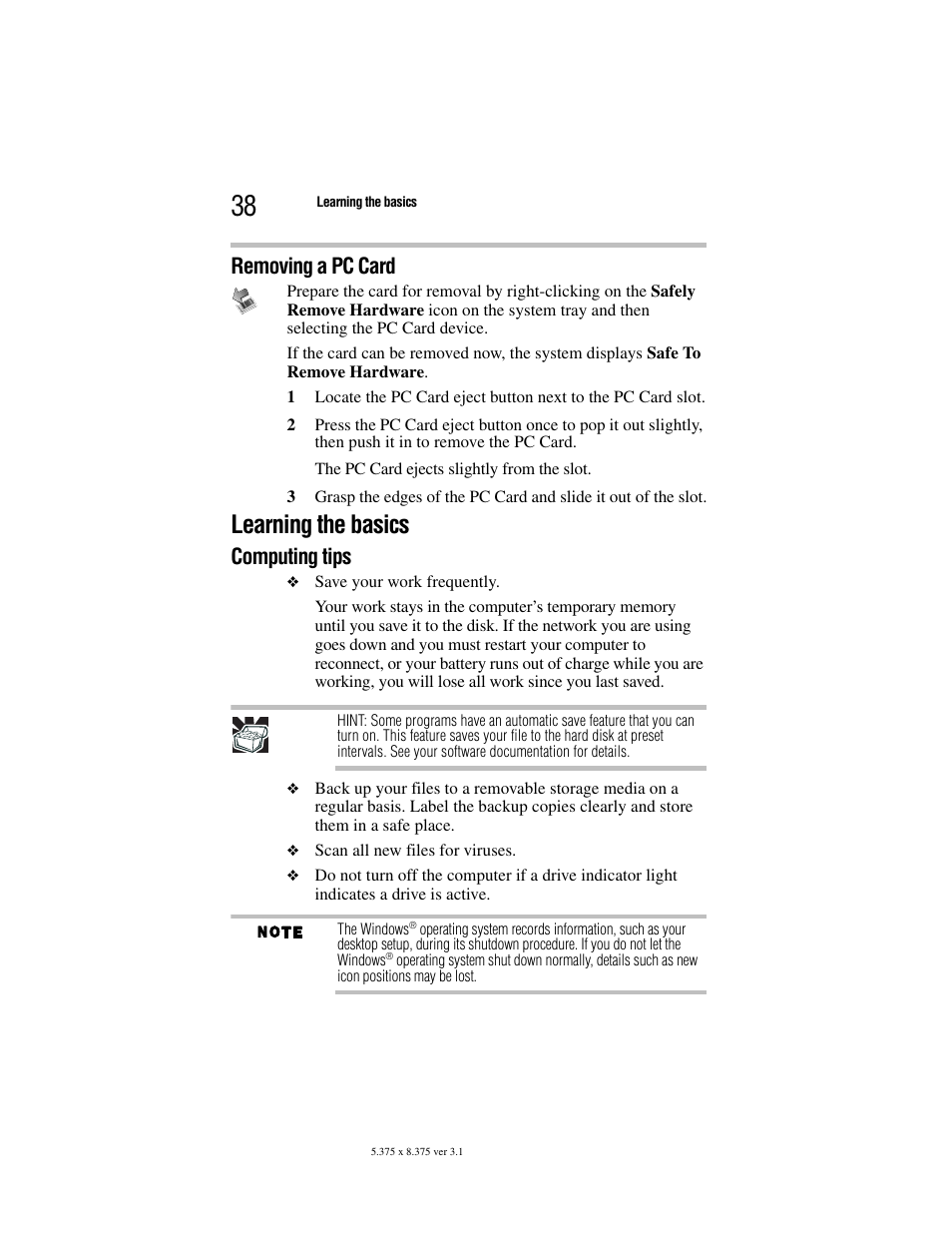 Removing a pc card, Learning the basics, Computing tips | Toshiba M105 User Manual | Page 38 / 60