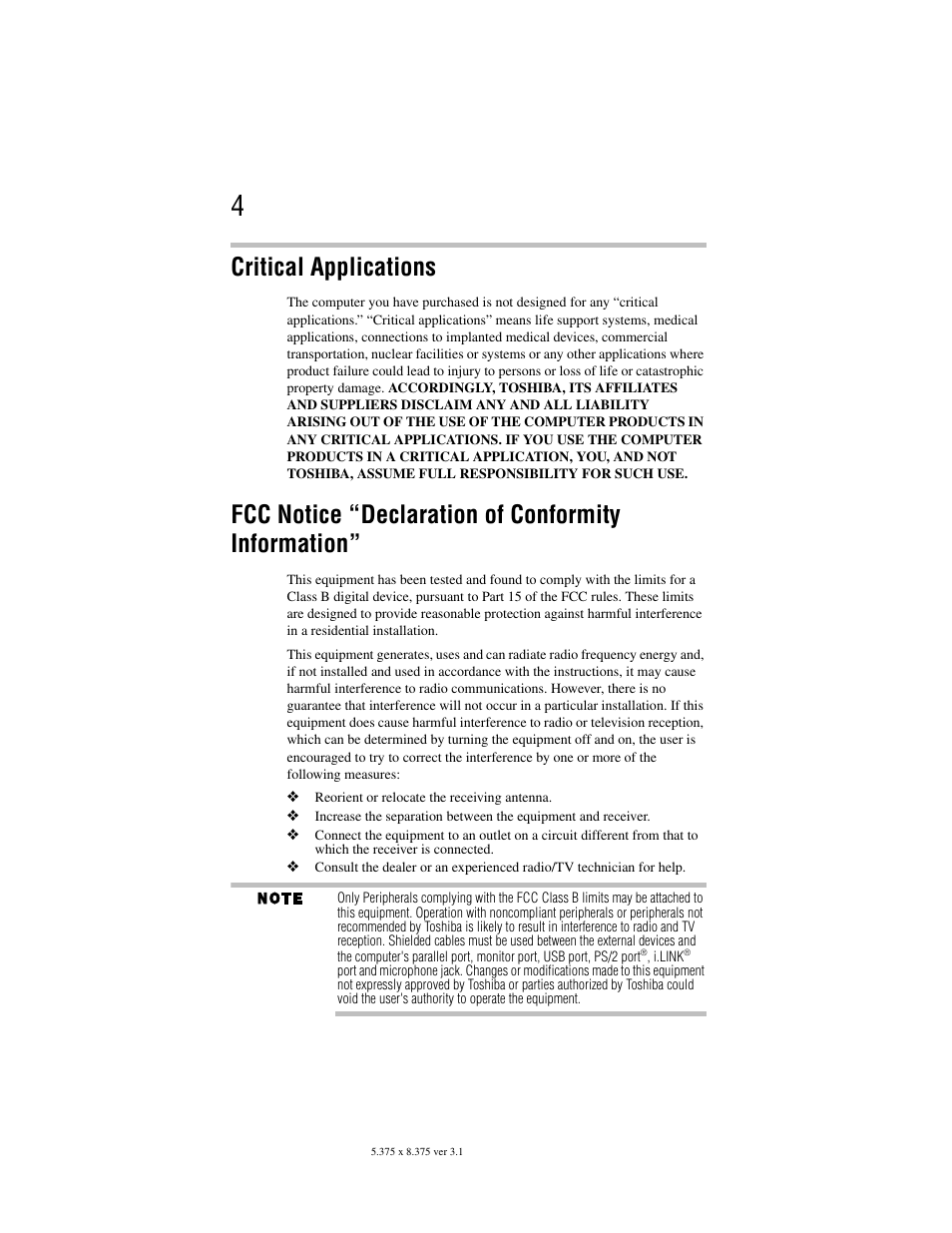 Critical applications, Fcc notice “declaration of conformity information | Toshiba M105 User Manual | Page 4 / 60