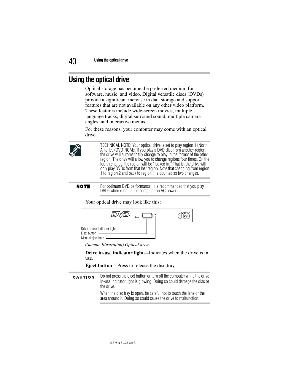 Using the optical drive | Toshiba M105 User Manual | Page 40 / 60