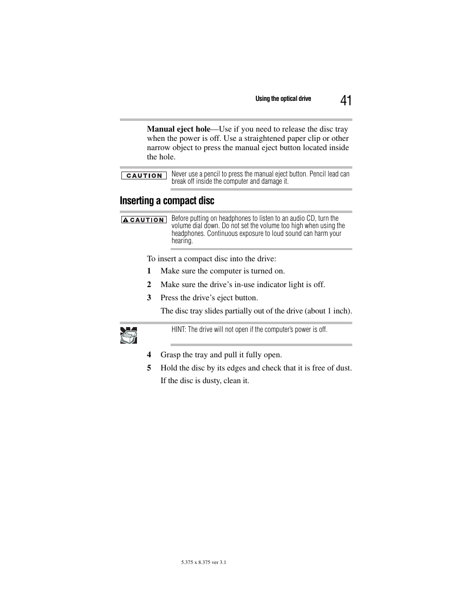 Inserting a compact disc | Toshiba M105 User Manual | Page 41 / 60