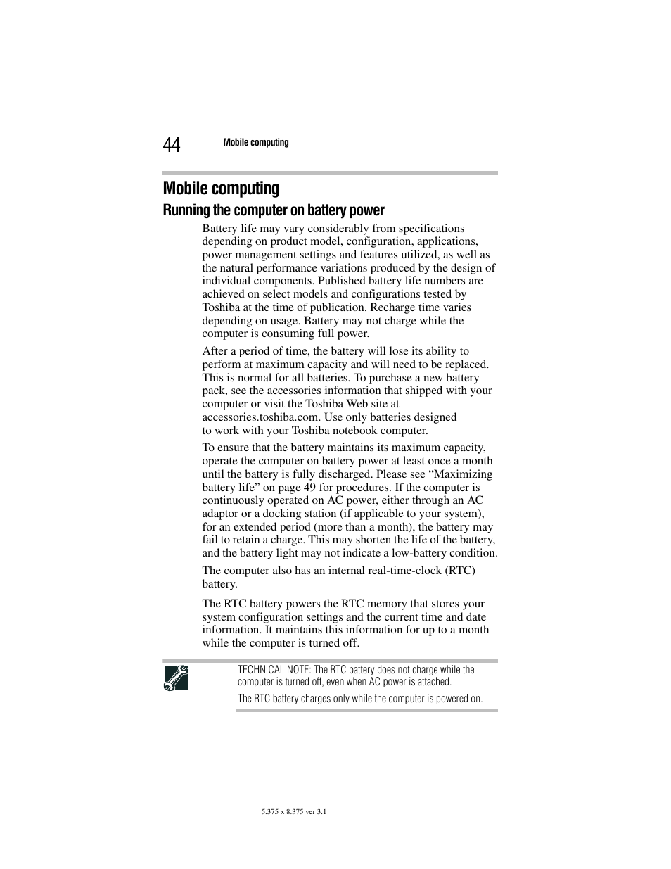 Mobile computing, Running the computer on battery power | Toshiba M105 User Manual | Page 44 / 60