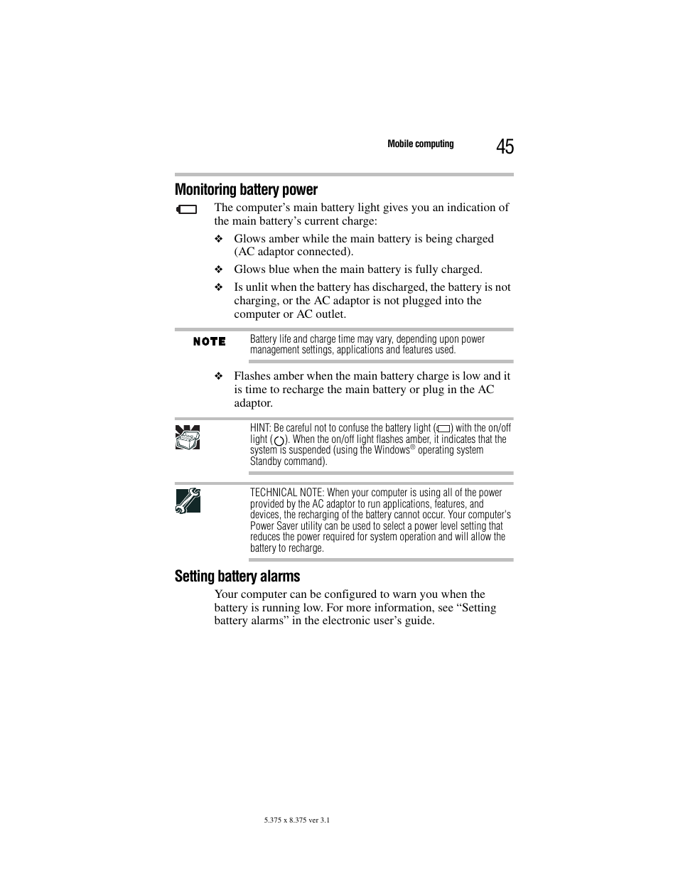 Monitoring battery power, Setting battery alarms | Toshiba M105 User Manual | Page 45 / 60