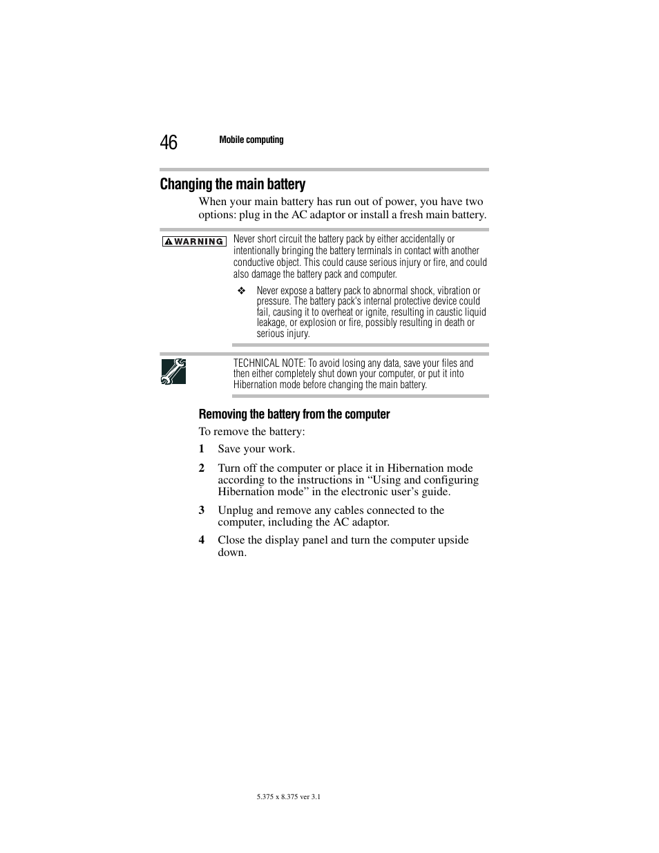 Changing the main battery, Removing the battery from the computer | Toshiba M105 User Manual | Page 46 / 60